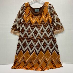 Judith March Shift Dress Fringe Sleeves Sheer W/Lining Size L Boho Aztec READ